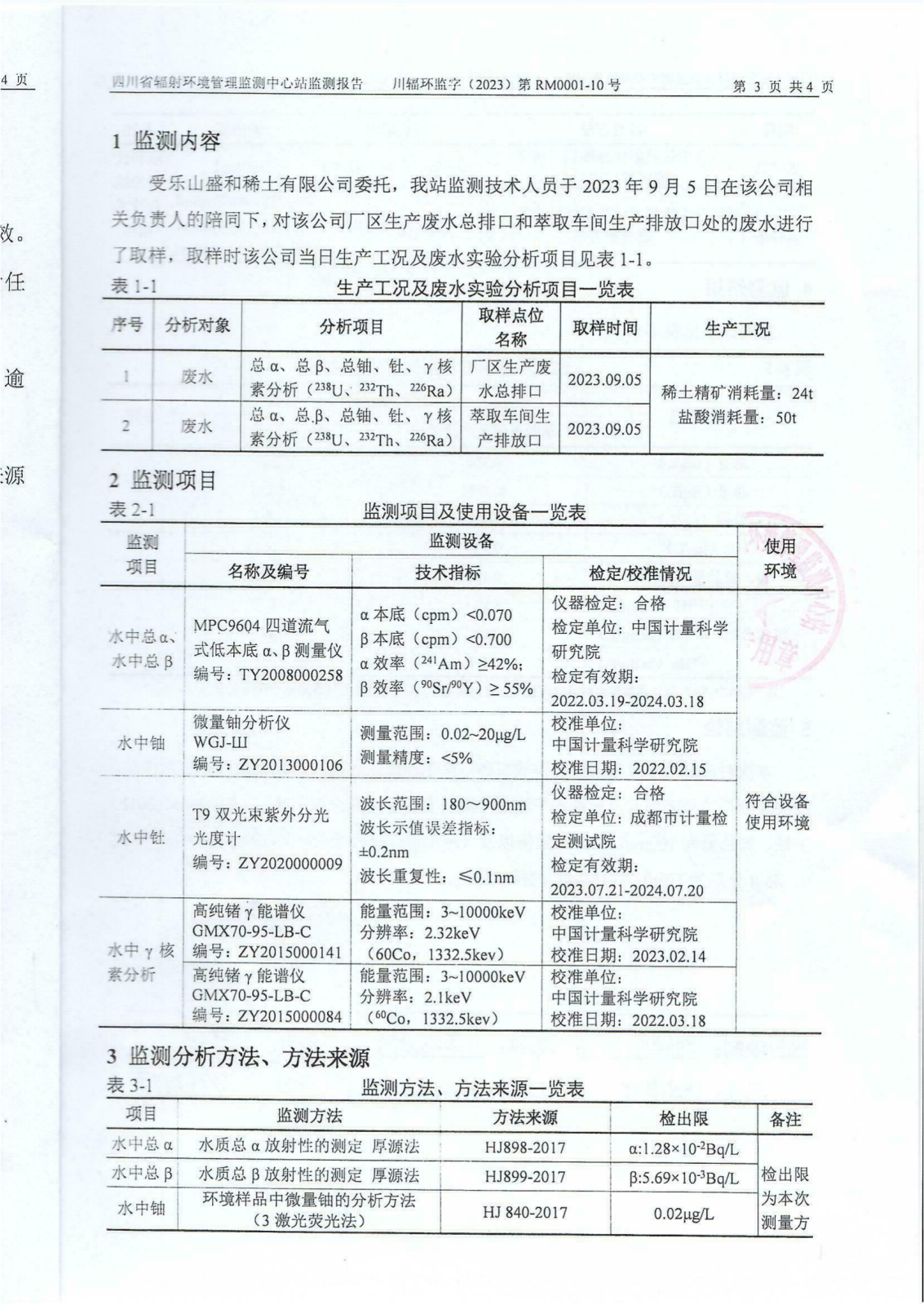 乐山盛和9月生产废水放射性水平监测报告 川辐环监字（2023）第RM0001-10号_02.png